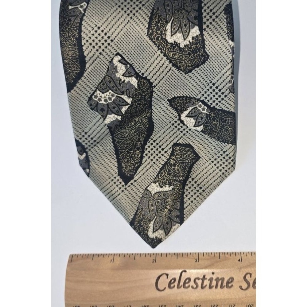 Michael Smith Custom Clothier Mens Silk Tie Grey Black Gold Paisley Geometric - Picture 5 of 5